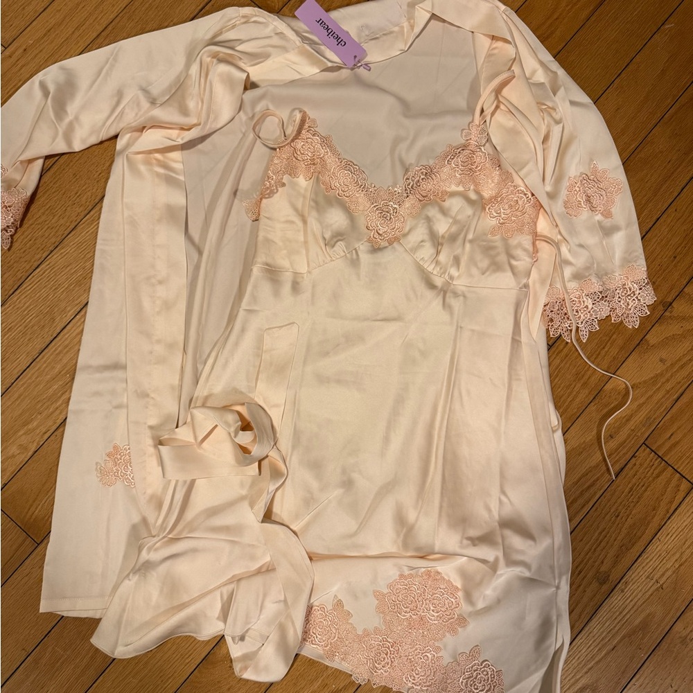 Apricot satin robe and pajama gown
